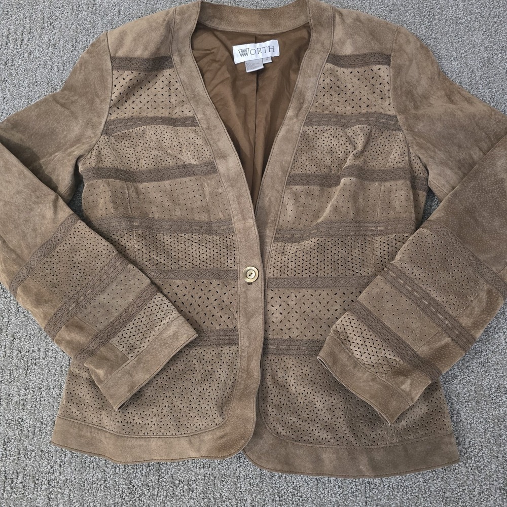 Worth 100% Leather Brown Suede Jacket Lace Detail Womens Size 6 Boho Western